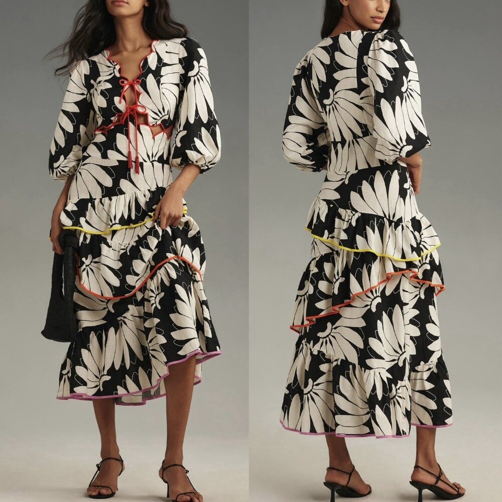 Farm Rio Black and White Floral Cutout Tiered Linen Maxi Dress Women’s Size XS
